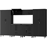 FLIXELIO 6-Piece Garage Storage Cabinets System Heavy Duty Workshop Set | Includes Wall-Mounted and Rolling Cart Metal Tool Organization System for Garage Workshop