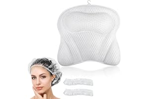 LUQMARK - Bath Pillow for Bathtub with Disposable Shower Cap Set, Extra Large Spa Pillow with 6 Non-Slip Suction Cups, Ergono