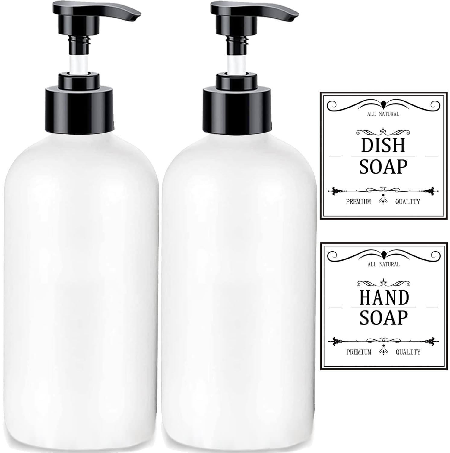 White Soap Dispenser with Rust Proof Pump, Waterproof Labels (2 Pack,16 Oz), Soap Dispenser Bathroom, Plastic Hand Soap Dispenser Dish Soap Dispenser for Kitchen, Premium Thick Soap Pump Bottle