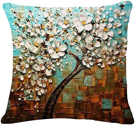 Sengreat 18 X 18 Inch 3D Tree Oil Painting White Flower Black Cotton Linen Throw Pillow Cover Decorative and Cushion Case Home Pillowcase