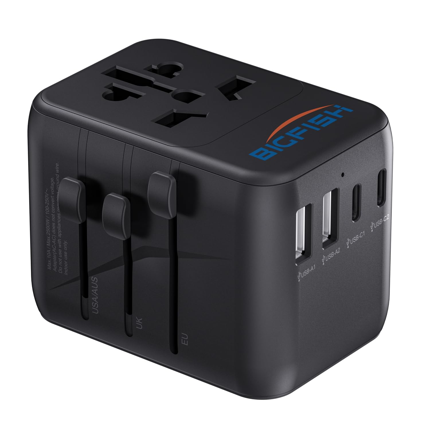 Bigfish Universal Travel Adapter, Worldwide Travel Plug Adapter with 2 USB A and 2 USB C, Dual 10A Fuses All In One International Travel Adapter - EU UK US AUS Plugs