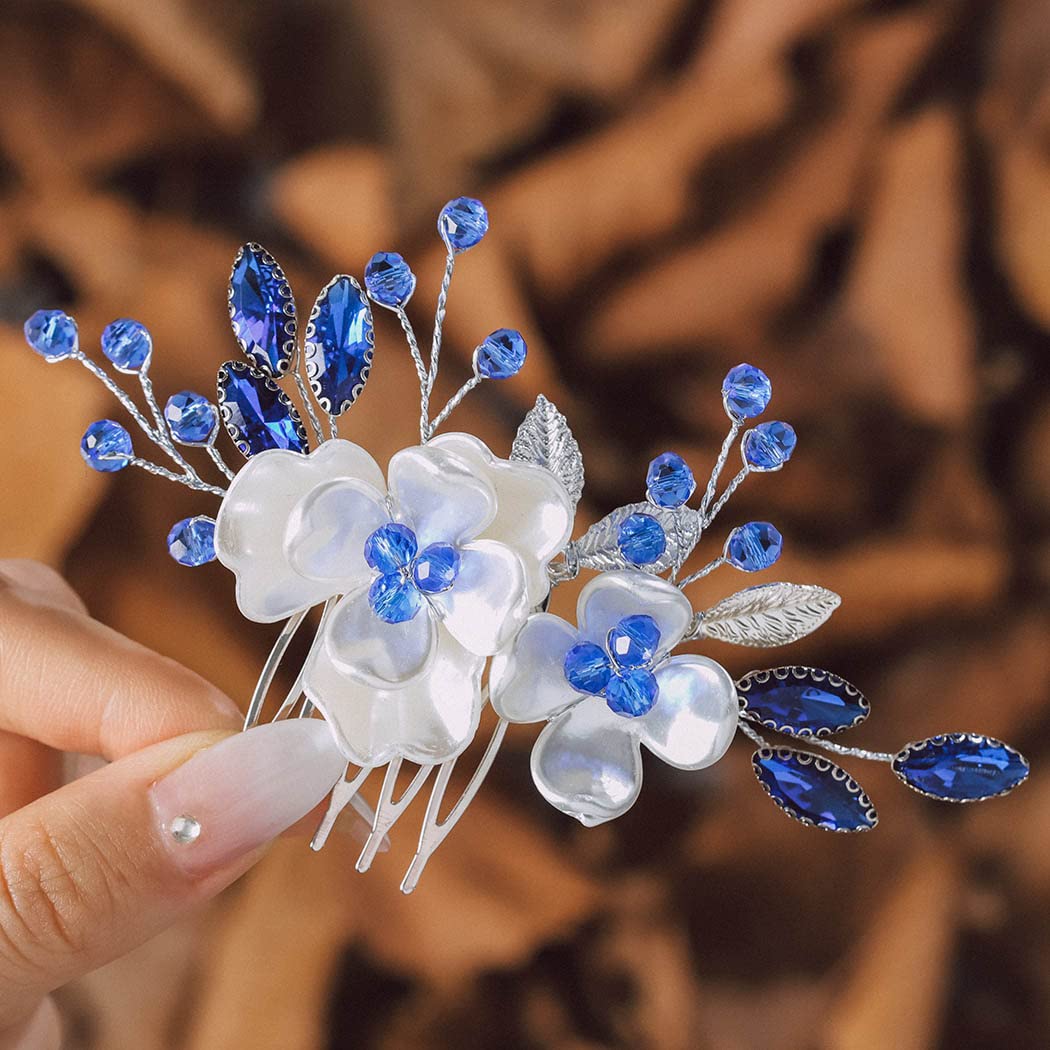 IYOU Blue Bridal Hair Comb Flower Rhinestone Headpiece Prom Wedding Sides Combs Hair Accessories for Bride and Bridesmaid