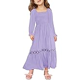 Haloumoning Girls Boho Summer Dresses Long Sleeve Square Neck Smocked Beach Dress Flowy A-line Maxi Dress 4-14 Years