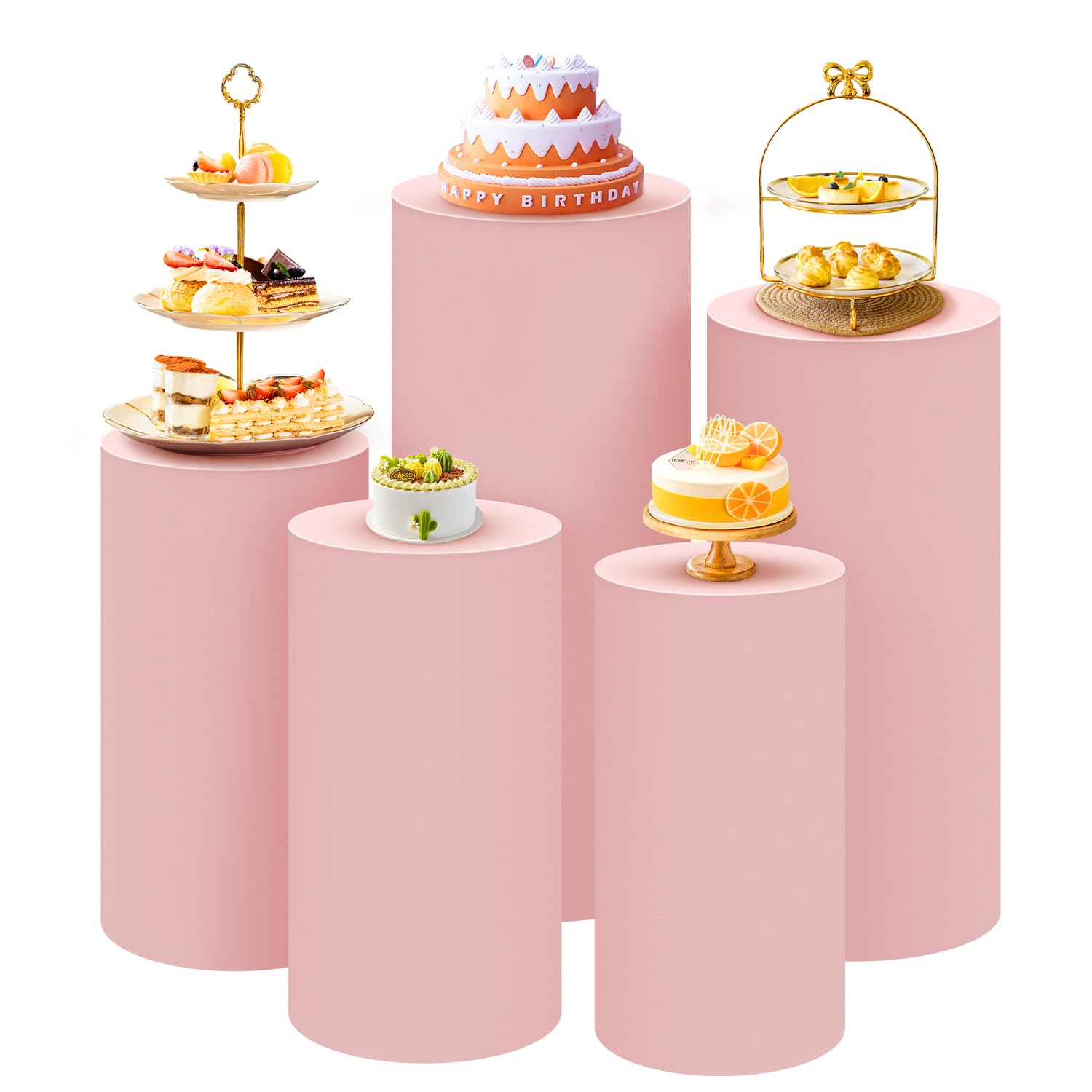 Photo 1 of SaitiMade Set of 5 - Pink Cylinder Pedestal Stand Covers, Spandex Cylinder Stand Covers for Party, Wedding or Birthday Event Decor - Only Contains Cylinder Covers