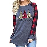 Womens Merry Christmas Striped Raglan Long Sleeve T Shirt Plaid Leopard Printed Tree Baseball Shirt Graphic Tees Tops