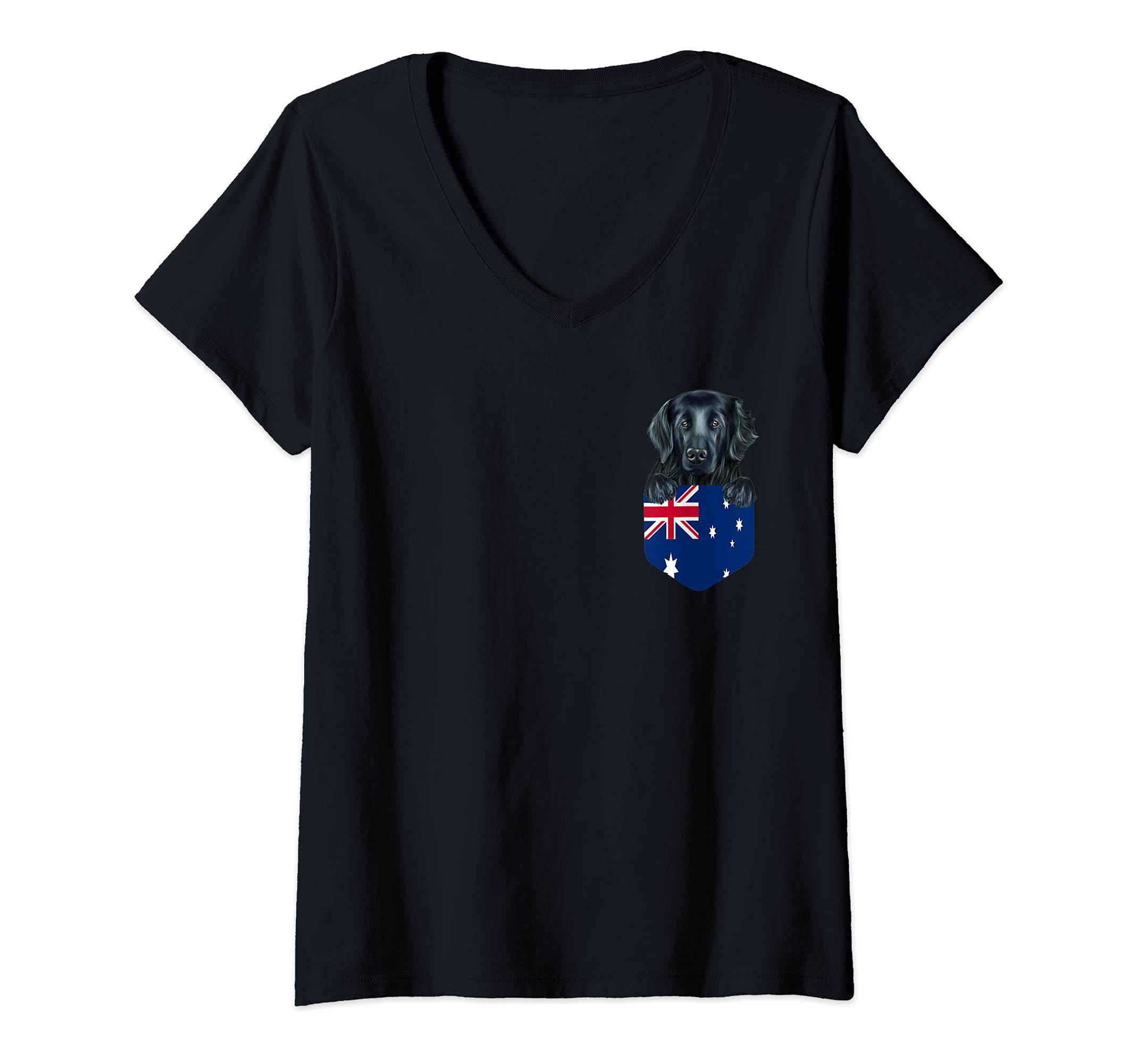 Womens Australia Flag Flat-Coated Retriever Dog In Pocket V-Neck T-Shirt