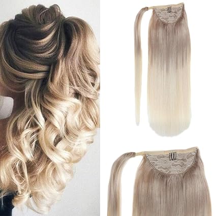 Laavoo 12inch Clip In Ponytail Extension Wrap Around Pony Tail Human Hair Straight Balayage Ombre Ash Blonde Fading To Platinum Blonde Brazilian Hair