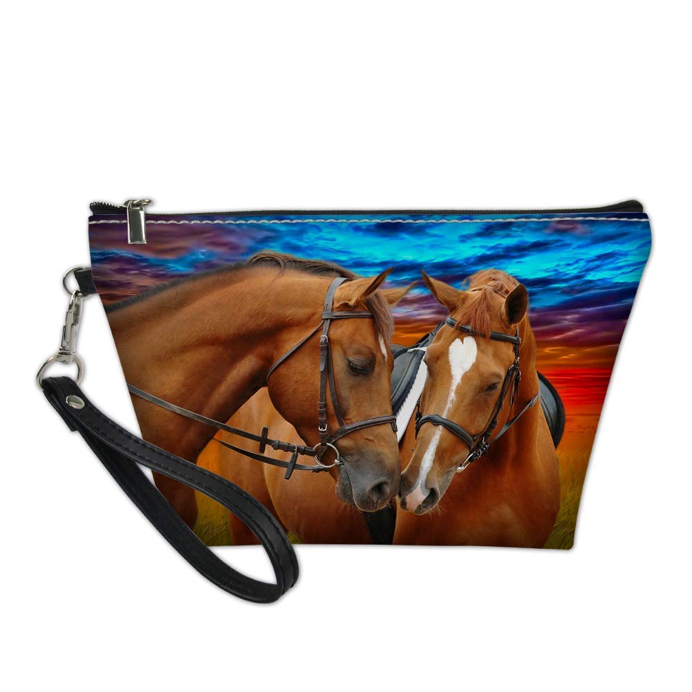 HUGS IDEA Horses Cosmetic Pouch Woman PU Leather Travel Toiletry Makeup Pouch