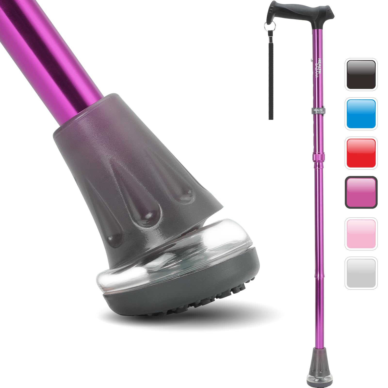 HEALTHBAZAAR All Terrain Walking Cane for Men & Women, Lightweight, Foldable, Adjustable, Shock Absorption, Collapsible, Air Cushion Cane Tip Walking Stick for Seniors & Adults