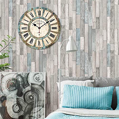 Qukueoy 14 Inch Silent Round Wooden Wall Clock Rustic Country Style, Battery Operated, Vintage Farmhouse Wall Decor for Living Room，Kitchen, Bedroom, or Office
