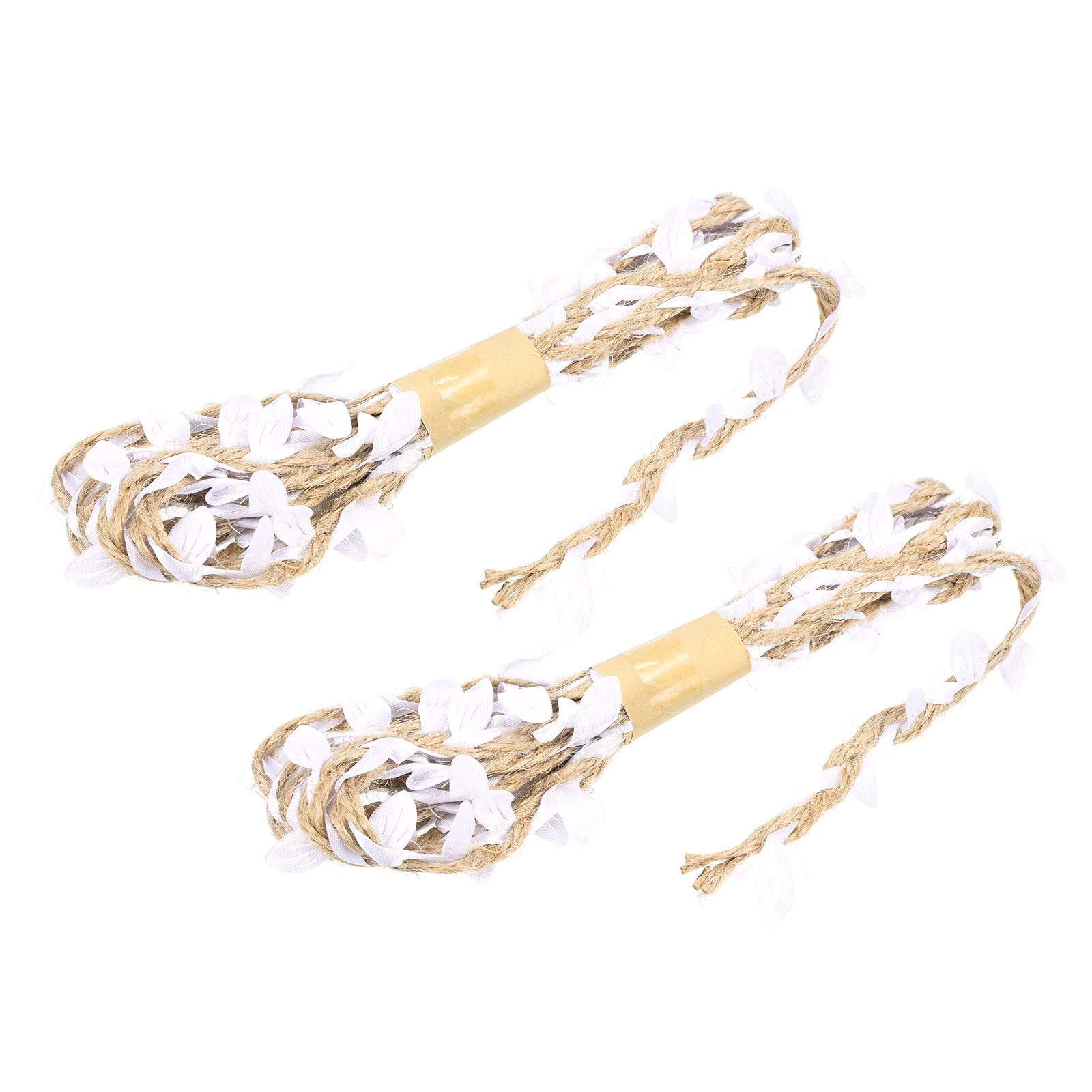 PATIKIL 6.6ft 5mm Burlap Leaf Ribbon, 2 Pack Braided Decoration Vine Natural Jute Rope Twine with Artificial Leaves for Jungle Wedding Party Home Garden Decor, White