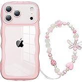 Jmltech for iPhone 17 Pro Case Wavy Clear Glitter Sparkle Butterfly Silicone Girly Cute Women Wave with Beaded Phone Strap Charms Turquoise Wristlet Heart Shockproof Protective Phone Cases Pink