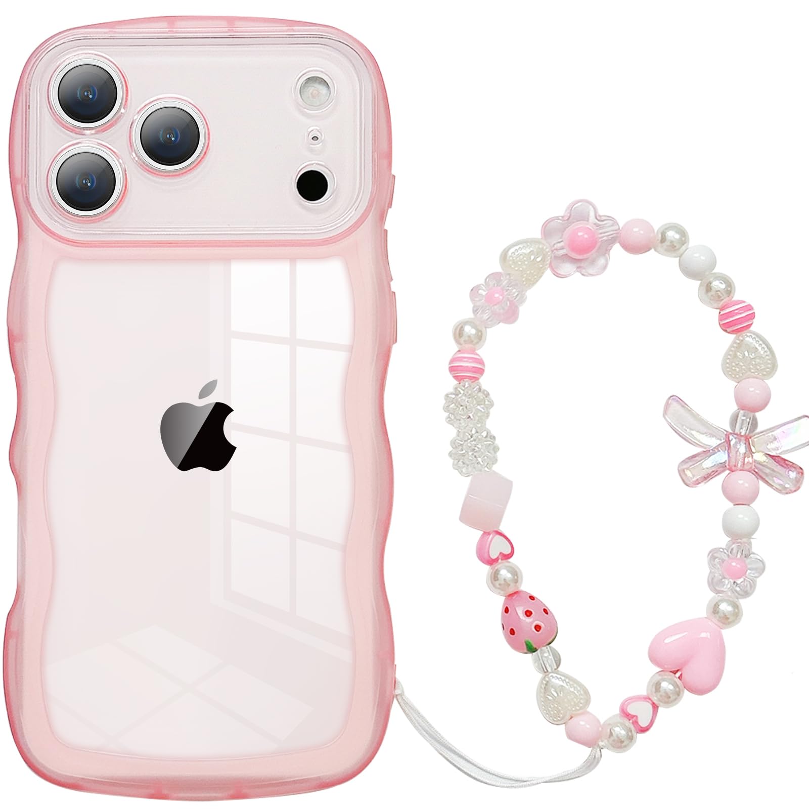 Jmltech for iPhone 17 Pro Case Wavy Clear Glitter Sparkle Butterfly Silicone Girly Cute Women Wave with Beaded Phone Strap Charms Turquoise Wristlet Heart Shockproof Protective Phone Cases Pink