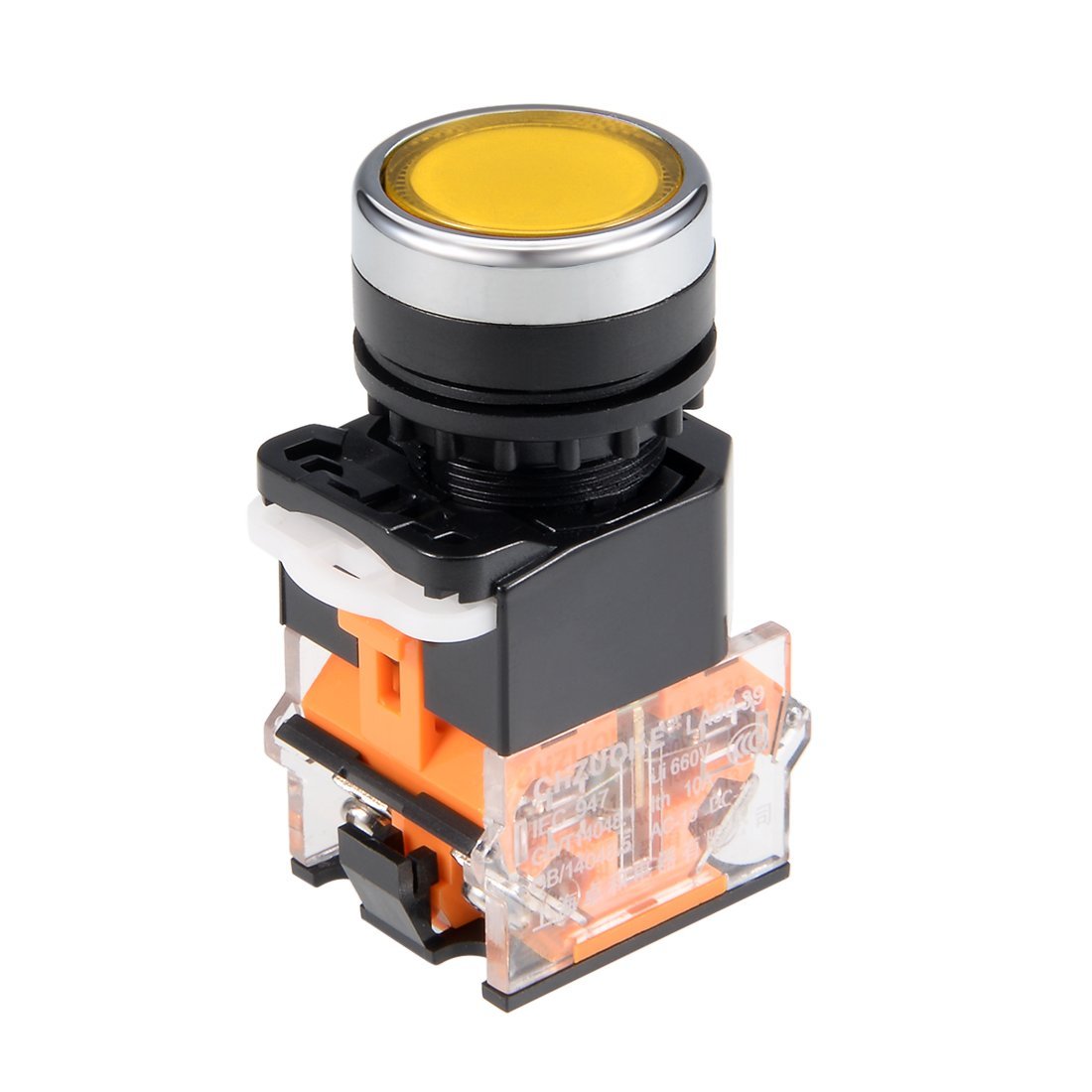 Sourcingmap 22mm Latching Push Button Switch Yellow Round Flat Button DPST 1 NO 1 NC