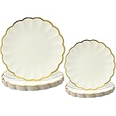 Newtay 60 Pcs Cream Scalloped and Gold Paper Plates 9.5 Inch and 7.5 Inch Shell Gold Edge Disposable Dinner Plates for Birthday Wedding Baby Shower Party Decorations (Cream, 2 Size)