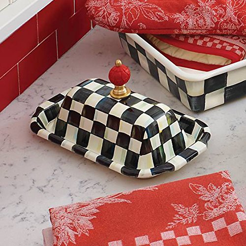 MacKenzieChilds Butter Dish with Lid Stainless Steel Enamel Courtly Checks Container Black