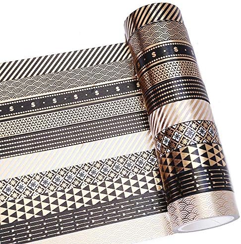 Gold Foil Washi Tape Set 10 Rolls Masking Black Art Decorative Tape Pack for DIY Scrapbooking, Bullet Journals, Crafts, Gift Wrapping, Holiday Decoration (15mm) (Black/Gold x 10 Rolls)