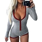 Roselux Women's Sexy Deep V Neck Shorts Long Sleeve Knitted One Piece Bodysuit Sexy Pajama Onesie Bodycon Rompers Overall