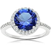 Ice Gems Sterling Silver Simulated Blue Sapphire and Cubic Zirconia Round Halo Ring