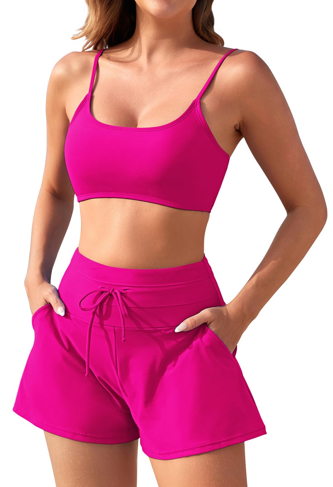 Photo 1 of ****ONLY SHORTS****Pink Queen High Waisted Shorts Tankini Set Women Cute Bathing Suit Two Piece Swimsuit for Ladies Beach Wear with Pockets Hot Pink M