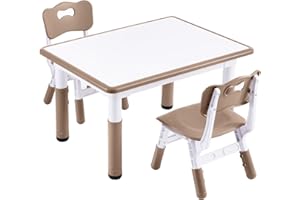 DOREROOM Kids Table and 2 Chairs Set, Height-Adjustable Toddler Table and Chair Set with Graffiti Desktop, 31.5''L x 23.6''W Children Activity Table for Daycare, Classroom, Home