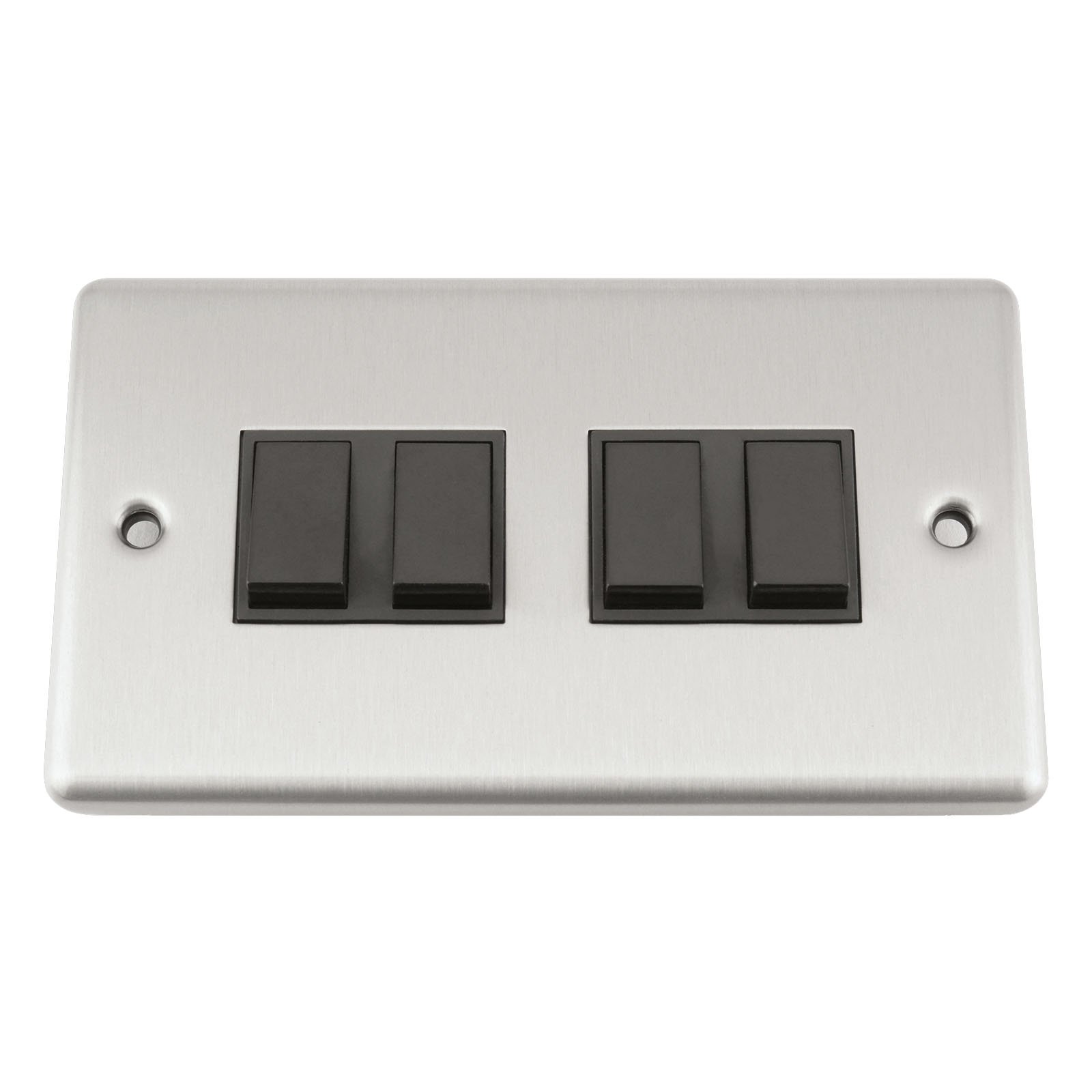 A5 Light Switch - Quad 4 Gang 2 Way - Satin Brushed Chrome - Classic Style Black Insert Plastic Rocker Switch