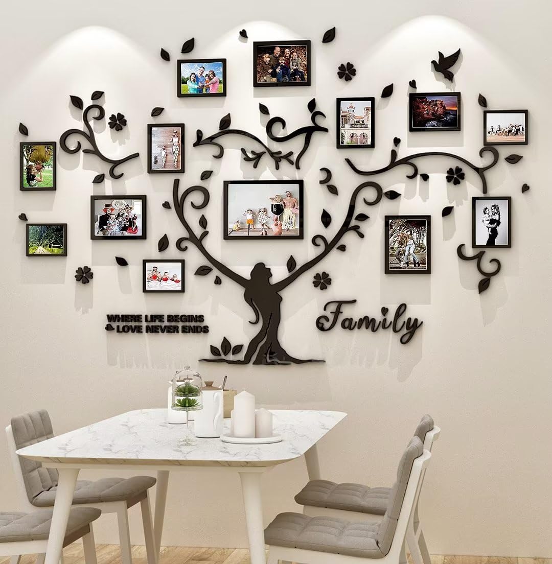 Wall Sticker Tree Family - 3D DIY Tree Wall Stickers 15x20 13x18 10x15 a4 Wall Decoration Wall Sticker Tree for Living Room Bedroom Sofa with Picture Frame Photo Wall Decor (Black, 210 * 137cm