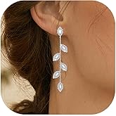 Gold/Silver Clip on Earrings Non Pierced for Women - 14K Gold Plated Long Tasse Drop Dangle Clip Earrings - Cubic Zirconia Leaf Earrings for Women Gold Wedding Jewelry Gifts