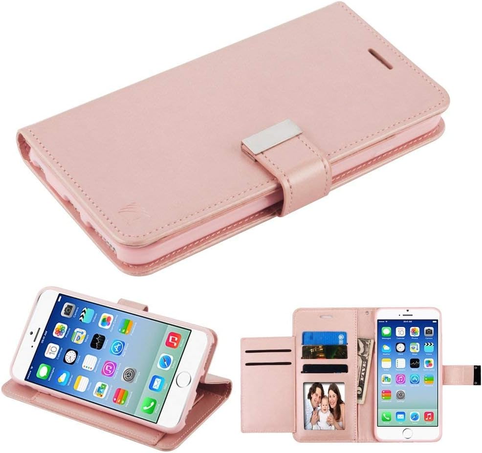 Case+Tempered_Glass+Stylus, Fits Apple iPhone 7 Plus/8 Plus (Also Fits 6 Plus/6S Plus) Mybat 3-Layer Purse/Clutch with Extra Card Slots Faux Leather Wallet - Rose Gold/Pink
