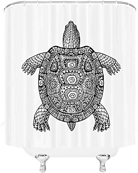 Amazon Co Jp タートルシャワーカーテン タートルイラストモノクロ動物をテーマにした亀プリントの部族パターン フック付きファブリックバスルームインテリアセット ホワイトブラック 165x180 Cm ホーム キッチン