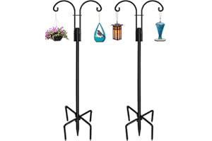 STAUKOK Double Shepherds Hooks for Outdoor, 2 Pack 92 Inch Metal Bird Feeder Pole with 5 Prongs Base, Heavy Duty Garden Hook for Hanging Plant, Lantern, Hummingbird Feeder