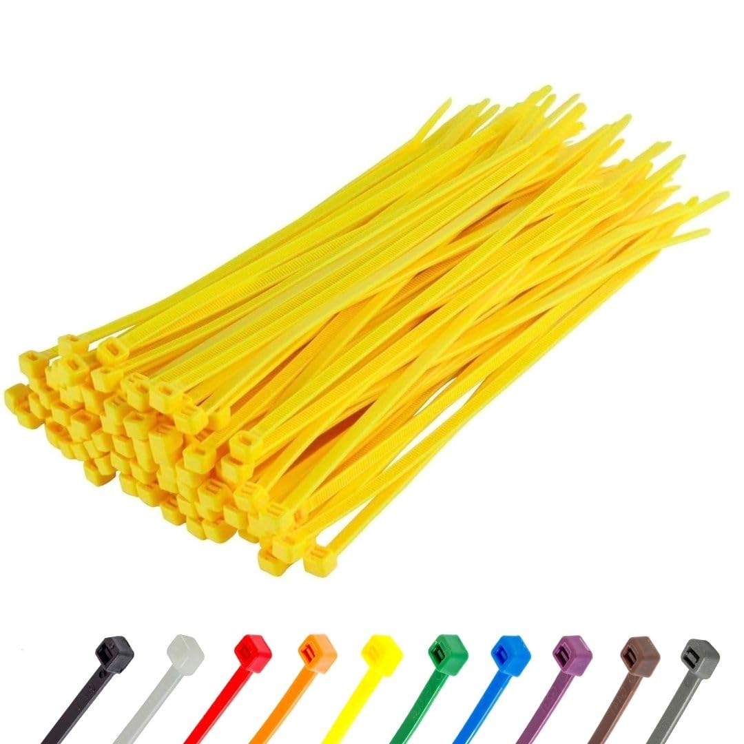 Gocableties Yellow Cable Ties, 200mm x 4.8mm, Pack of 100, 8" Premium Nylon Zip Ties, Multi-Purpose Plastic Tie Wraps, Secure Self-Locking Mechanism, for Home, Garden, Office and DIY