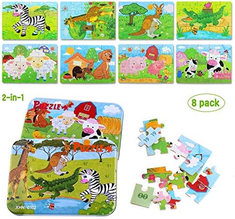 Jigsaw Wooden Puzzles Toy 4 in 1, Kids Party Favors Puzzles with Varying Degree of Difficulty Educational Learning Tool Best Birthday Present for Boys Girls, 2 Sets