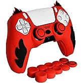 HLRAO Anti-Slip Red PS5 Controller Skin,Soft Thicken Studded Protective Silicone Cover Skin Grips Compatible with PS5/Slim/Pro Controller and 10 PCS Blue Thumb Grips Caps.