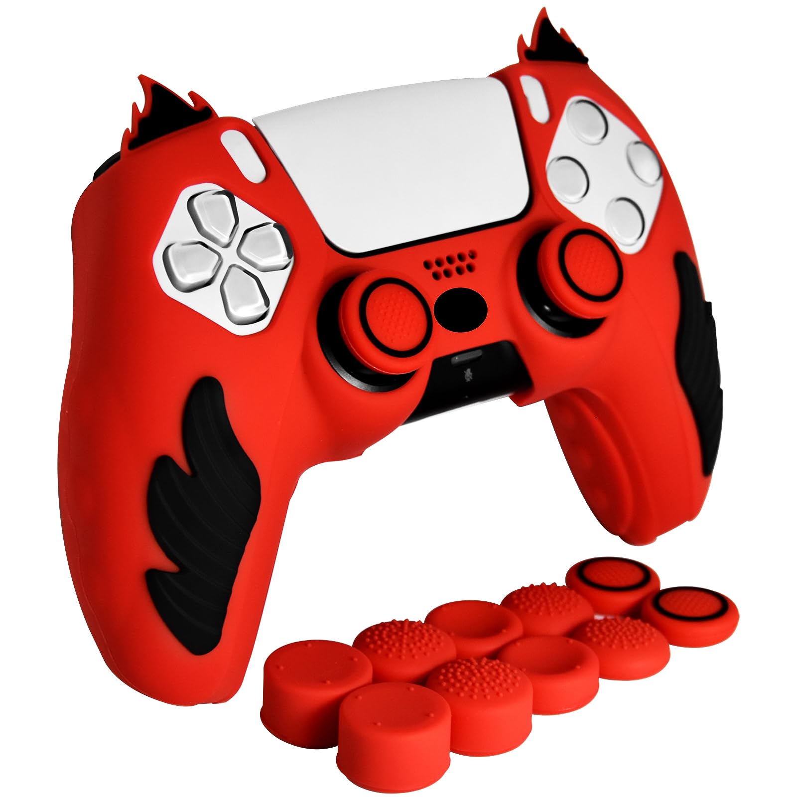 HLRAO Anti-Slip Red PS5 Controller Skin,Soft Thicken Studded Protective Silicone Cover Skin Grips Compatible with PS5/Slim/Pro Controller and 10 PCS Blue Thumb Grips Caps.