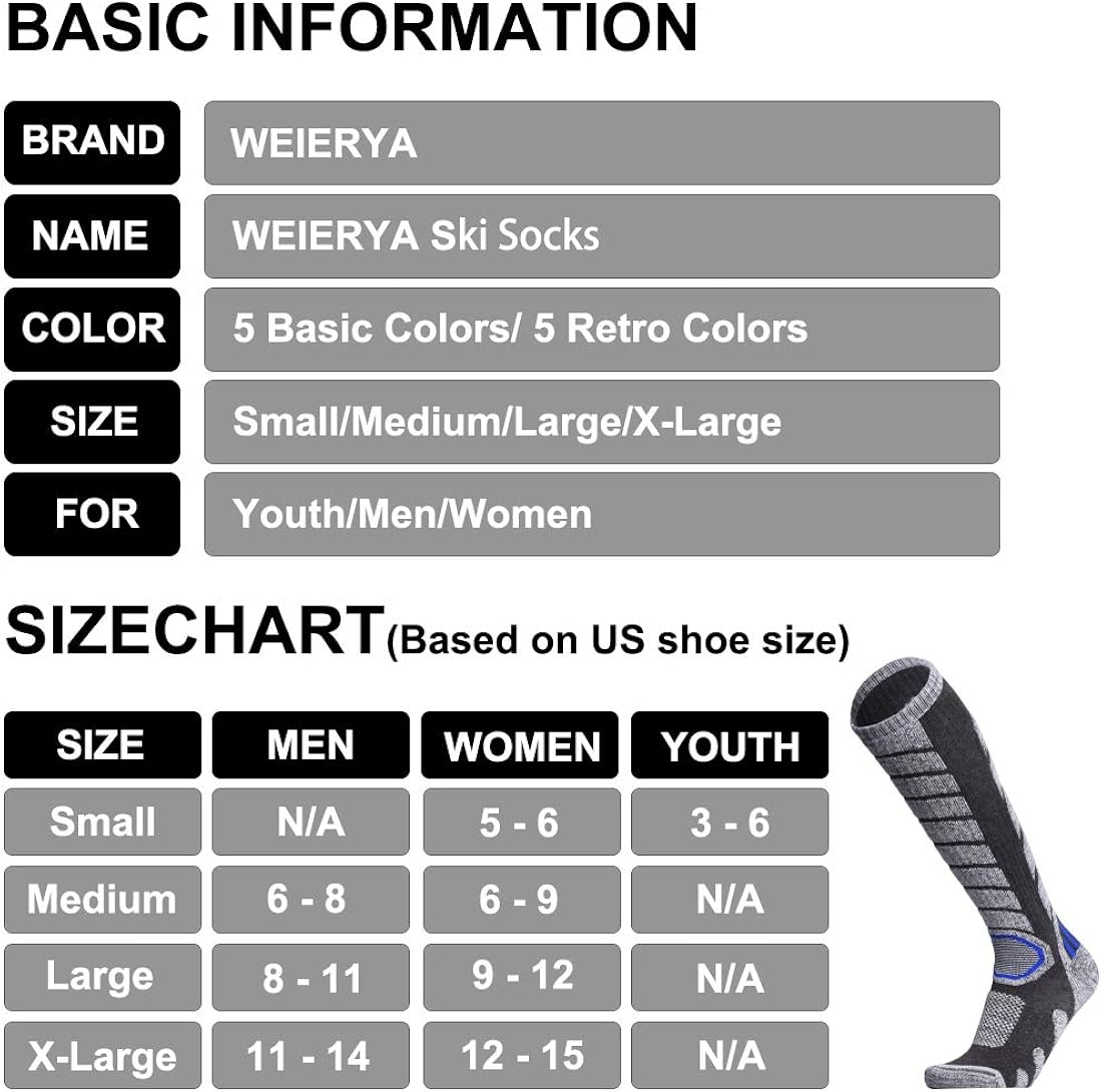 WEIERYA Ski Socks 2 Pairs Pack for Skiing, Snowboarding, Outdoor Sports Performance Socks: Clothing
