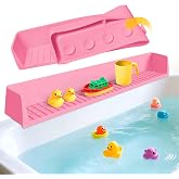 Splash Guard for Bathtub Kids - Silicone Bath Tub Play Shelf, Pink | Bathtub Splash Guard with 11 Suction Cups, Toy Holder, Prevent Water Spill in Bathroom, Fun Bath Time for Toddlers Baby