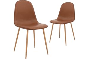 CangLong Washable PU Cushion Seat Back, Mid Century Metal Legs for Kitchen Dining Room Side Chair, Set of 2, Brown