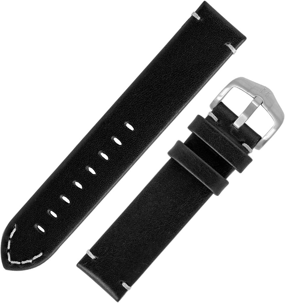 HirschRANGER Retro Leather Parallel Watch Strap with Buckle in BLACK (21mm, Brushed Buckle)