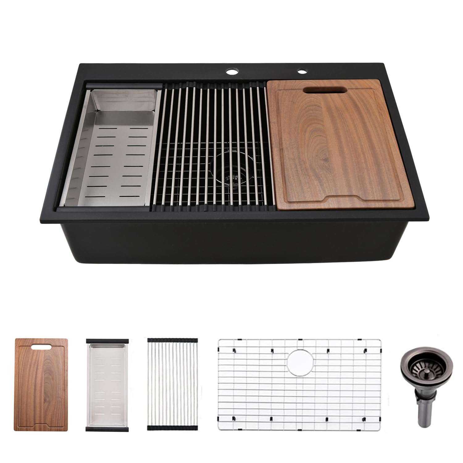 Photo 1 of **DAMAGED** 31 Inch Black Drop In kitchen sink Workstation - VOKIM 31"x19" Drop-In Top Mount sink Single Bowl Quartz Sink with Cutting Board.