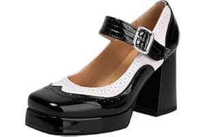 Chunky High Heel Pumps for Women Ankle Strap Platform High Heel Mary Janes Square Toe Leather Closed Toe Work Dress Shoes Ele