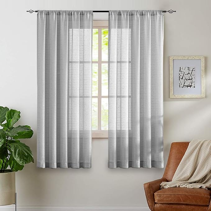 Linen Textured Sheer Window Curtains for Bedroom 63 inches Long Gray Sheer Curtain