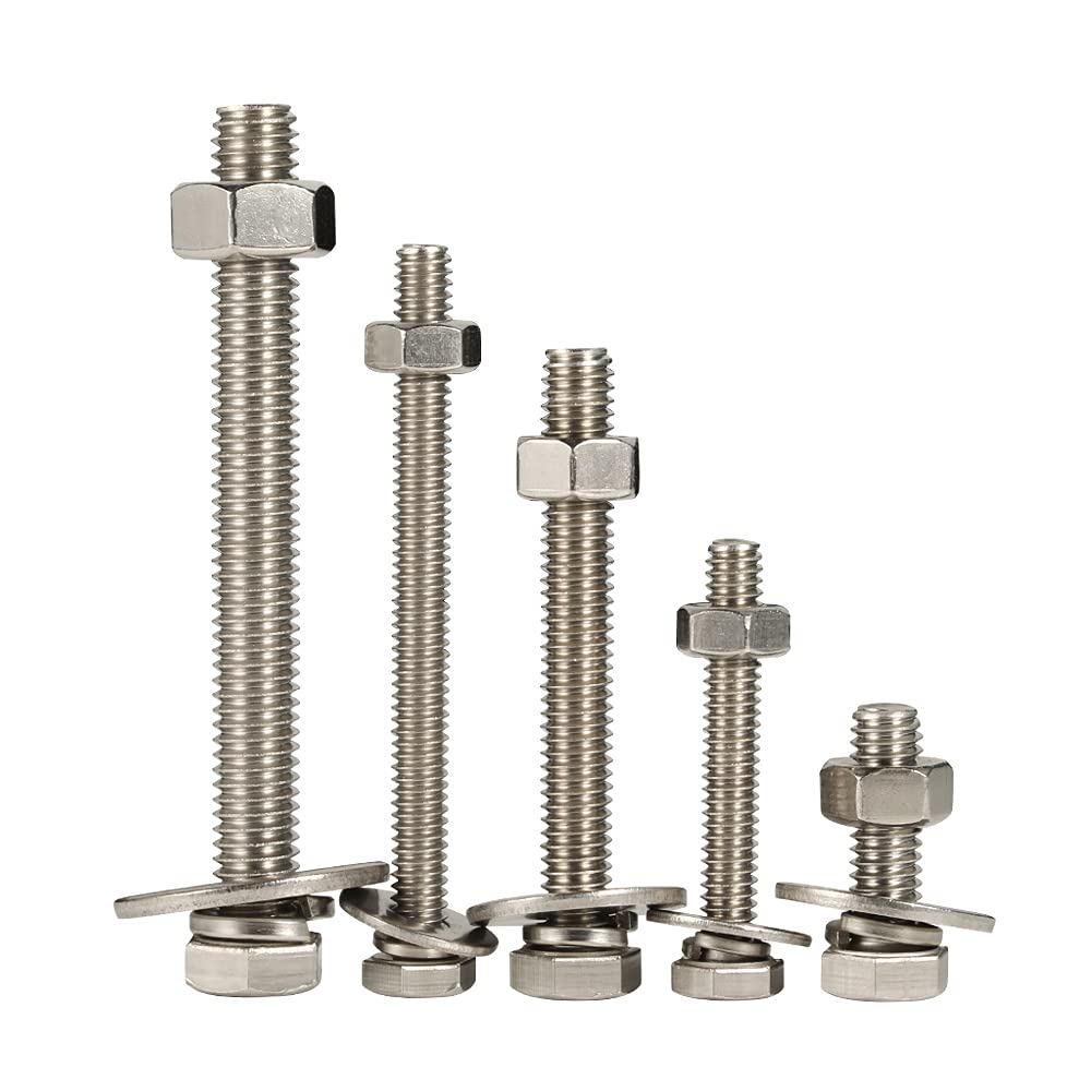 8 Sets 5/16-18 x 3" Hex Head Screws Bolts, Nuts, Extra-Large and Thick Flat & Lock Washers, Fully Threaded, Stainless Steel 18-8, Plain Finish