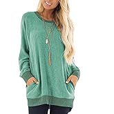 Panmouo Long Sleeve T Shirts Round Neck Sweatshirts Color Block Tunic Loose-Fitting Blouses Cozy Top with Pockets