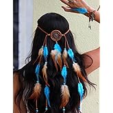 Jumwrit Bohemian Dreamcatcher Feather Headband Indian Headpiece with Blue and Brown Feather Tassel Elastic Band Beaded Hairband Hippie Costume Accessories for Women