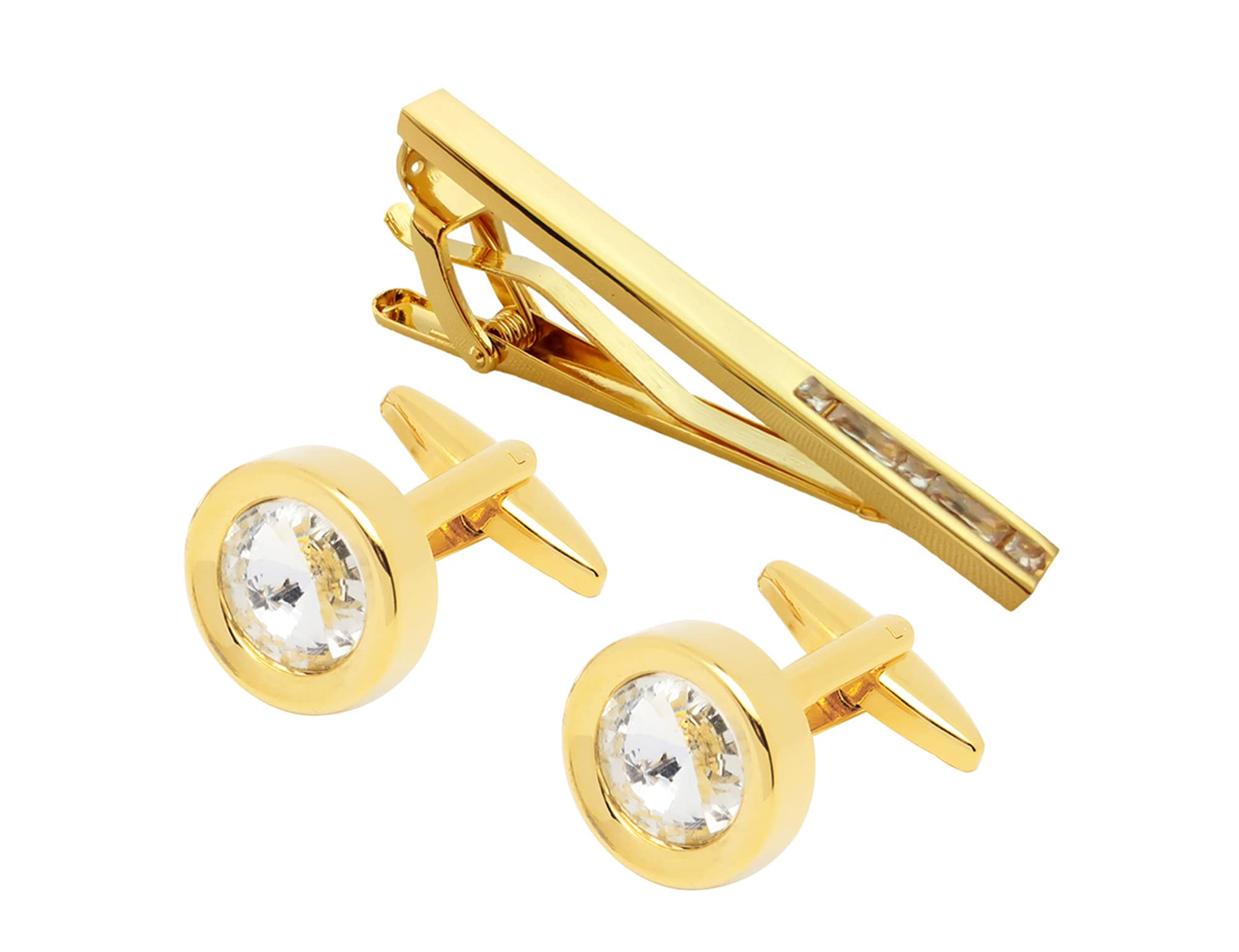 Jonwo Round Diamond Cutting Crystal Men Cufflinks and Tie Clip Set Regular Necktie Tie Pin Cuff Links for Wedding Business Shirt Tie (Gold Plated Transparent Crystal Set)