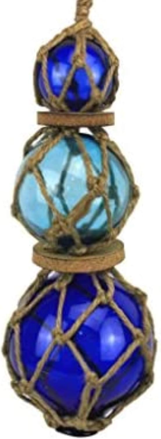 Hampton Nautical 3xglass-101 Light Blue Japanese Ball Fishing Floats with Brown Netting Decoration 11"-Glass