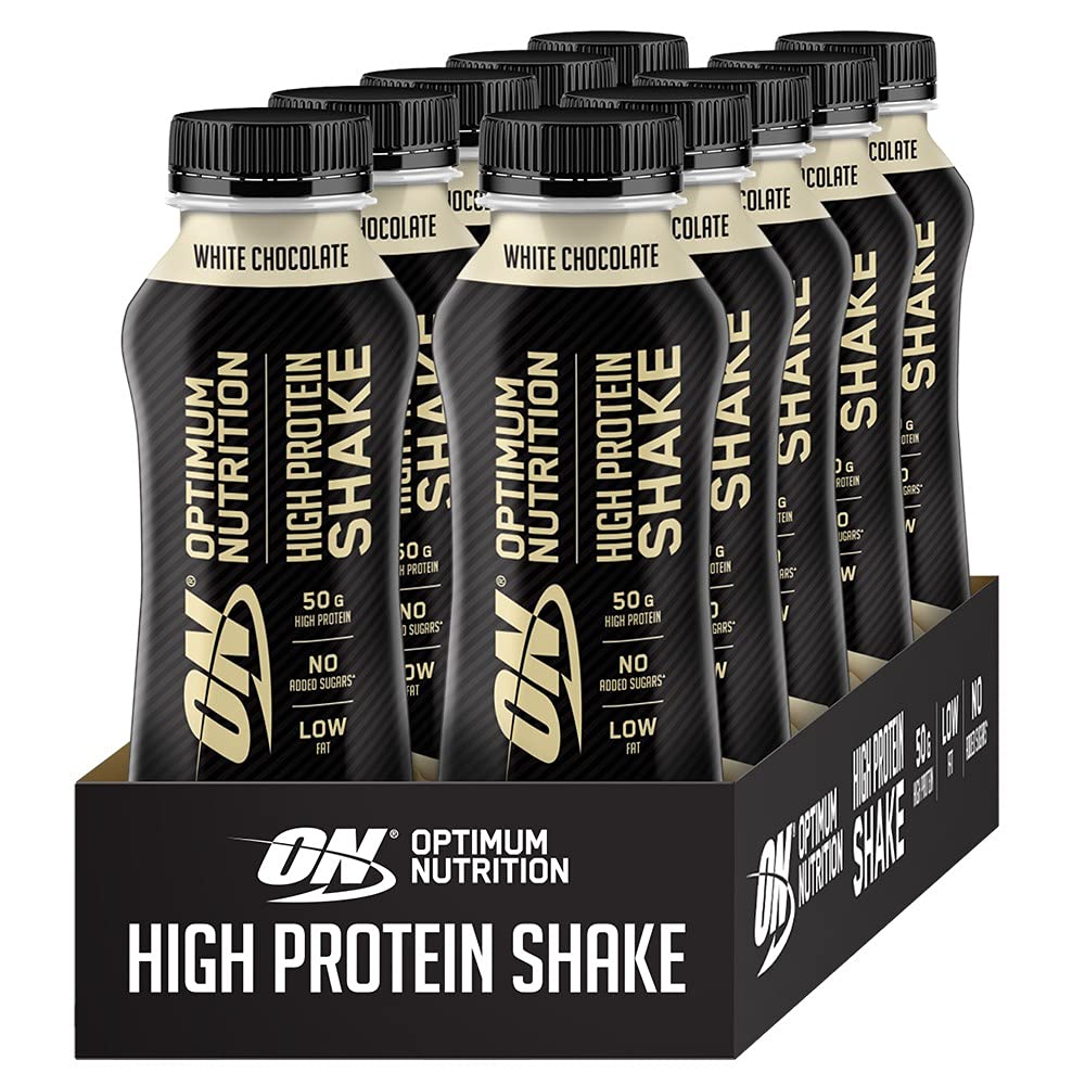 Optimum Nutrition High Protein Shake Bottles, Ready To Drink Healthy Snacks, No added sugars, low fat , Post Workout Snack for Men and Women, White Chocolate Flavour, 10x500ml