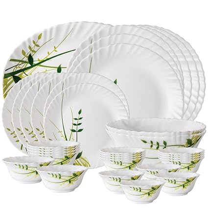 Larah By Borosil Herbs Opalware Dinner Set, 33-Pieces, White