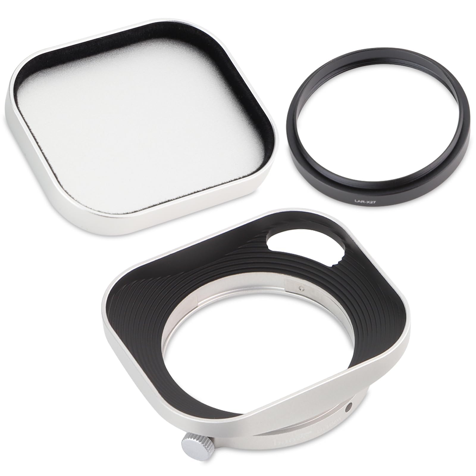 Haoge 39mm Lens Hood for Fujifilm xf23mm f2.8 Fujinon XF27mmF2.8 R WR Lens Hood Silver,Metal Squaret With Metal Cap,on XE5 XT5 XM5 XT50 Camera Body